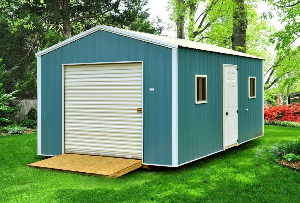 custom storage building with blue metal siding