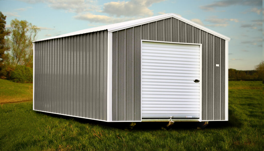 gray metal storage building