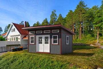 Grey Siding with Red Trim