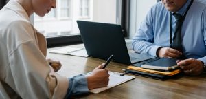 Two people sitting across from each other at a desk while one completes some paperwork.