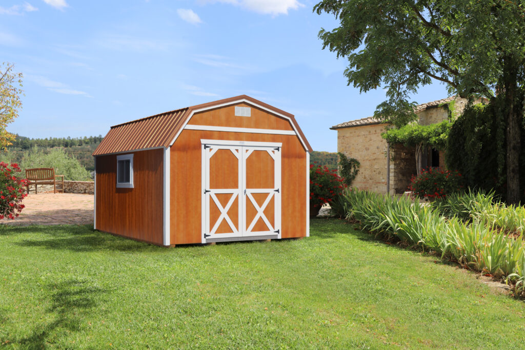 Urethane stained light brown Lofted Gambrel Shed with white trim and double doors.