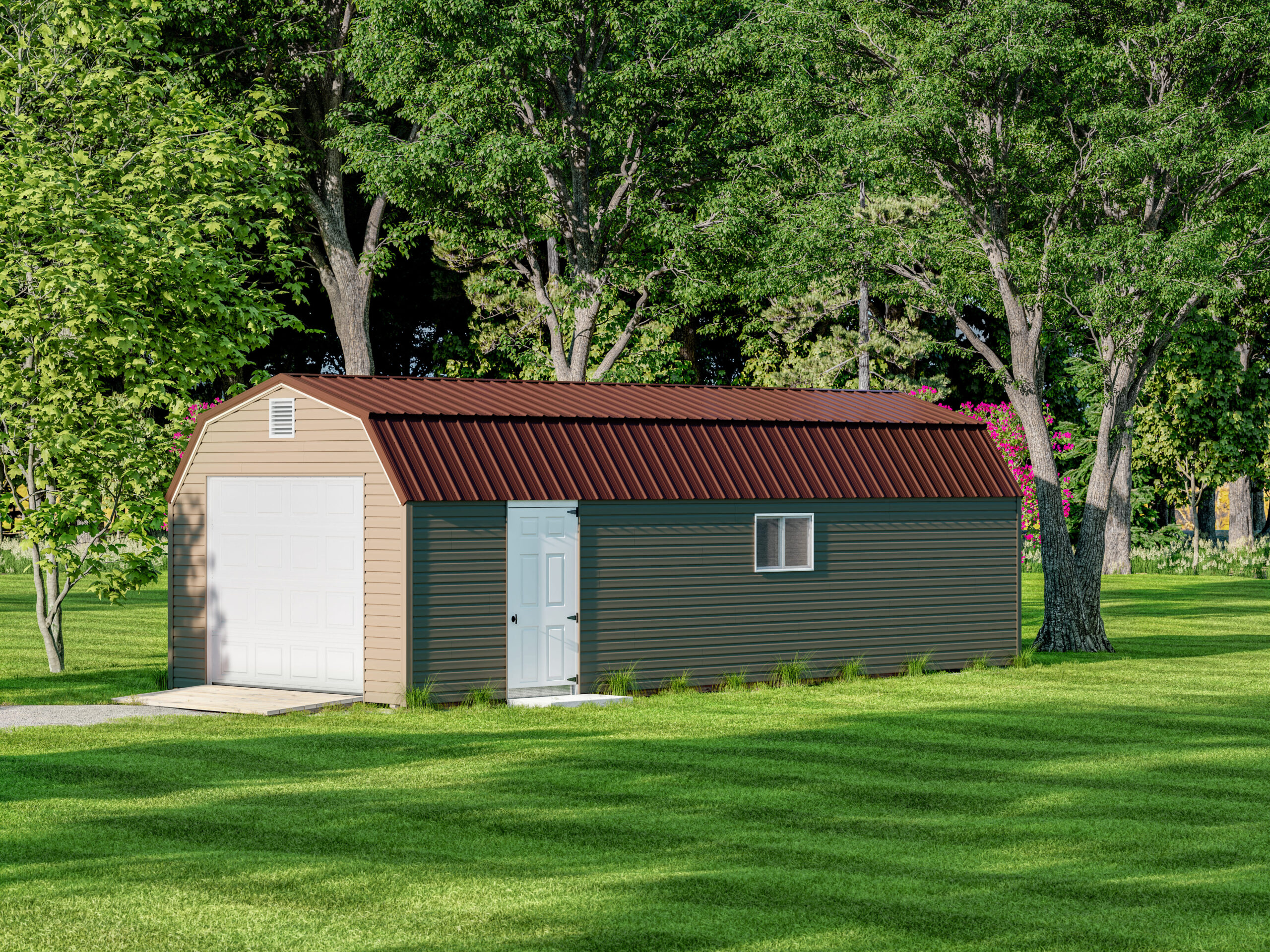 one car lofted garage with tan siding, red roof, and white doors