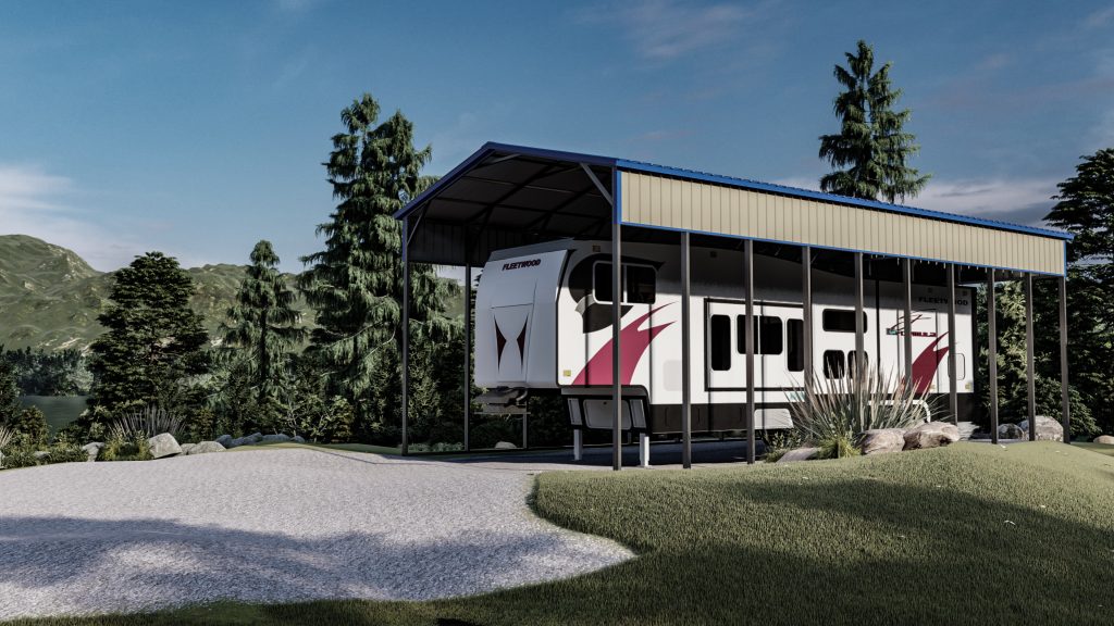 all steel carport with cream siding and blue roof and trim, with an RV underneath