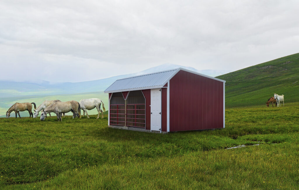open deluxe horse barn with red siding and white roof, keeping farm animals cool in the summer