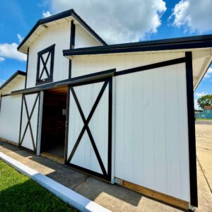 white and black monitor horse barn