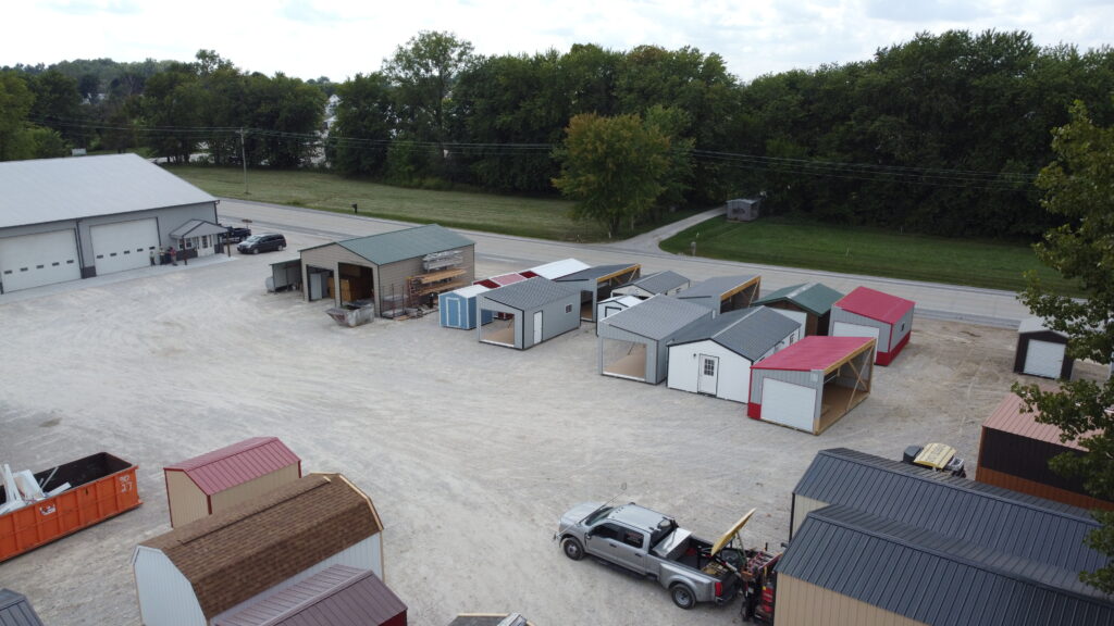 Overhead view of Raber's main office in Montgomery with a variety of sheds, garages, and storage buildings in progress.