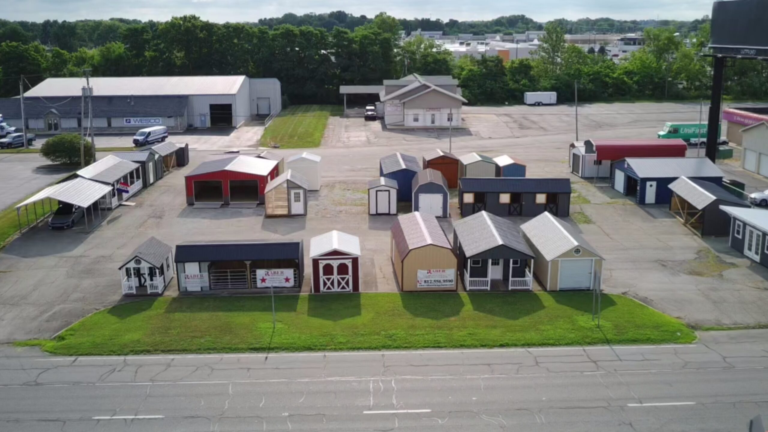 Overhead view of the Kokomo Raber dealer lot with sheds, garages, carports, greenhouses, and more on display.