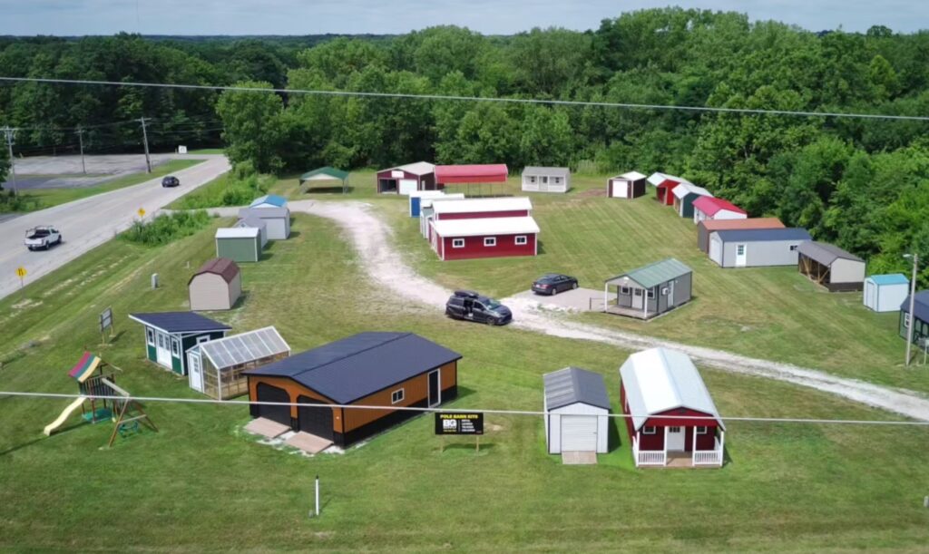Overhead view of Raber's West Lafayette lot with horse barns, run in sheds, storage sheds, garages, and more on display.