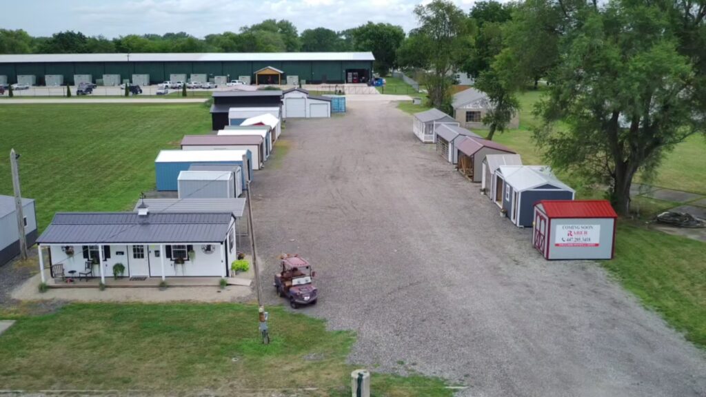 Overhead view of Raber's Tilton lot with sheds, garages, carports, barns, and more on display.