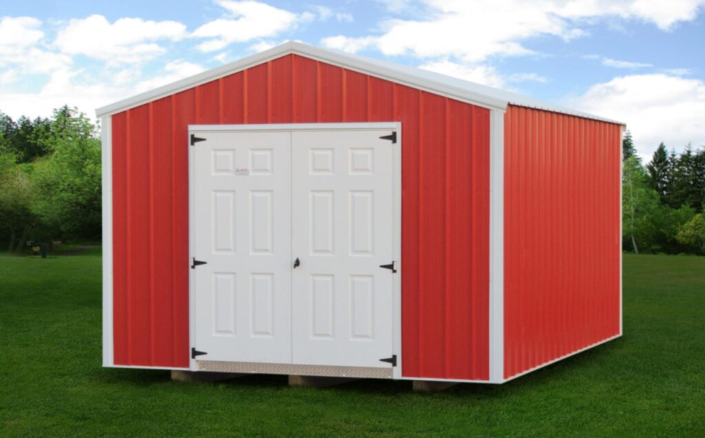 12x20 storage building with red metal siding and white double doors