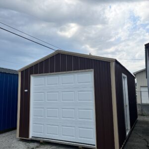 one car garage with brown siding