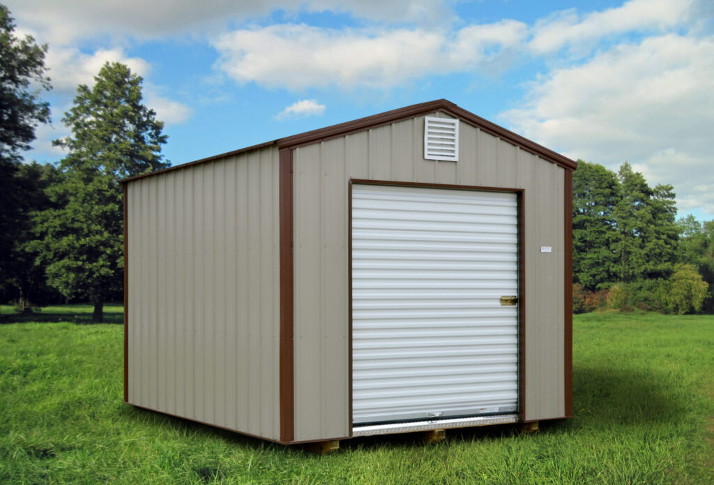metal economy shed with tan siding, brown trim, and white roll door, budget-friendly sheds