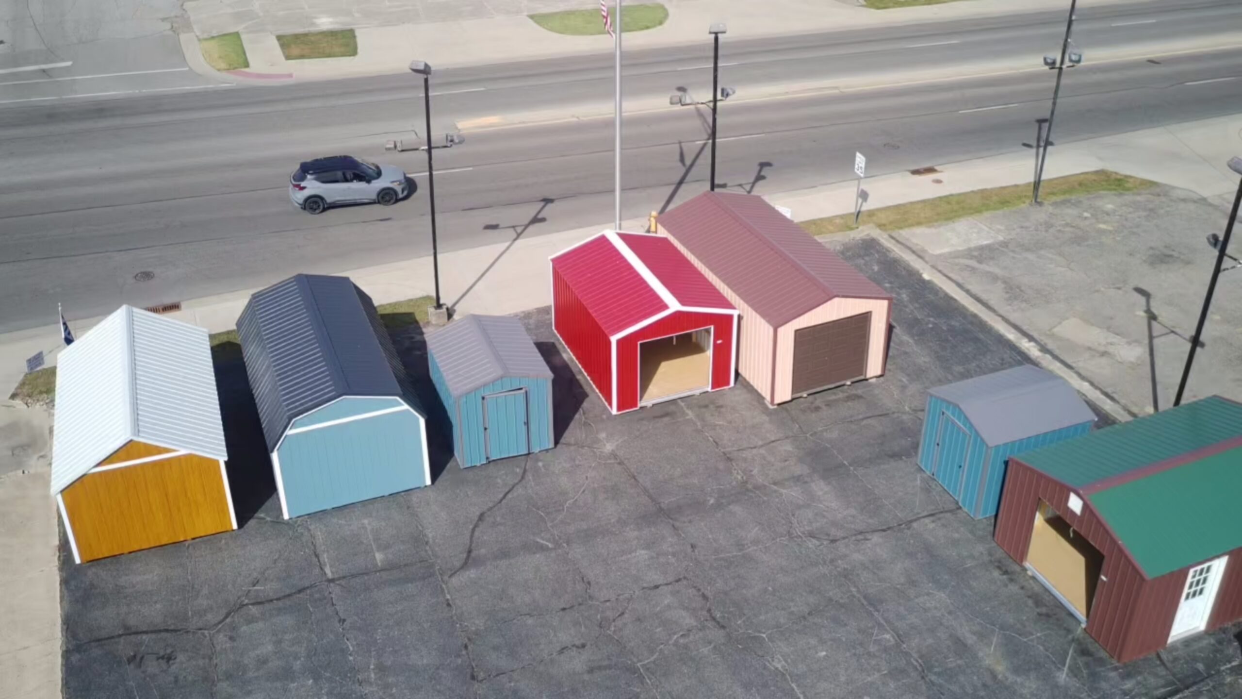 Overhead view of Raber's Richmond location with an assortment of sheds and garages.