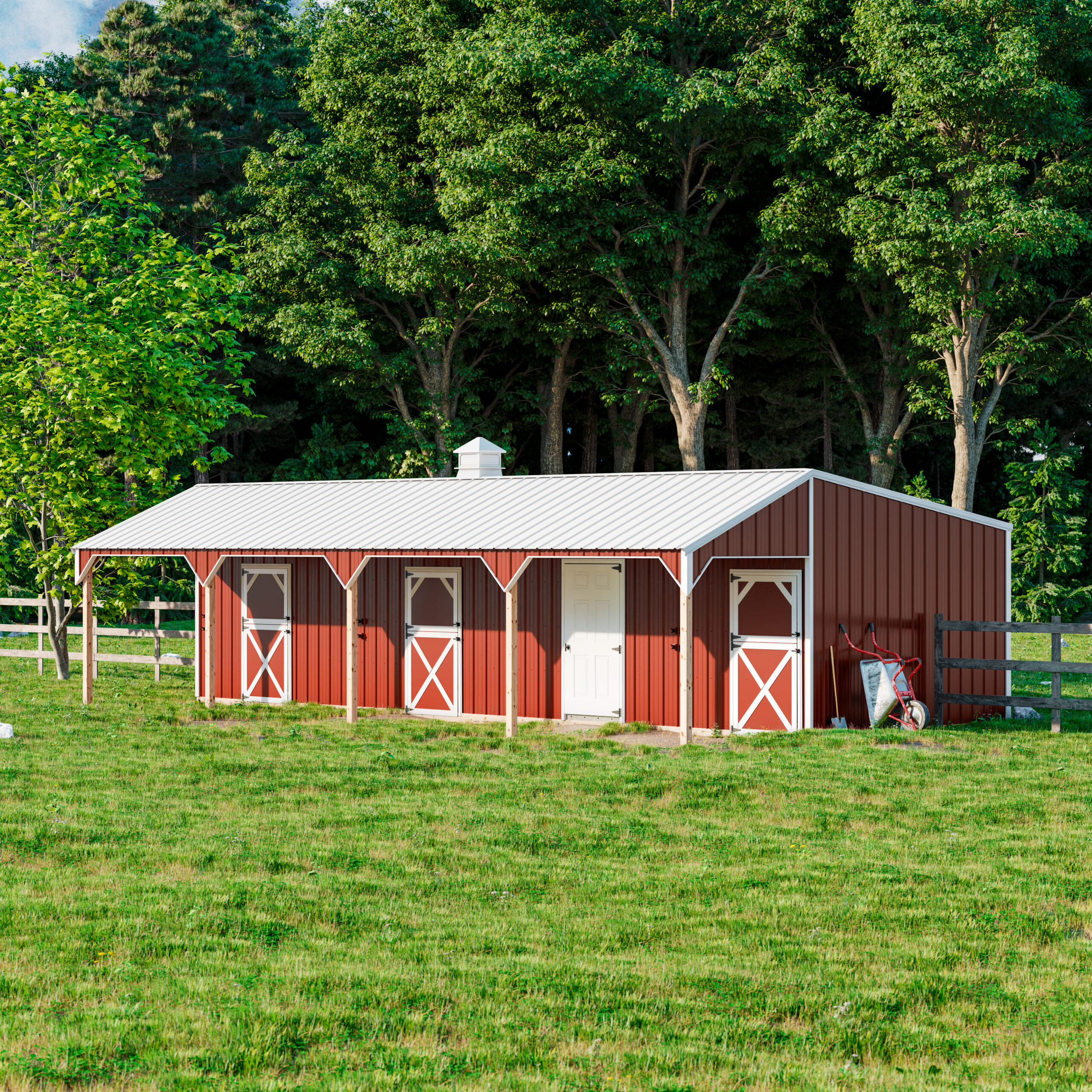 deluxe horse barn with red siding, white trim and roof, and roof overhang