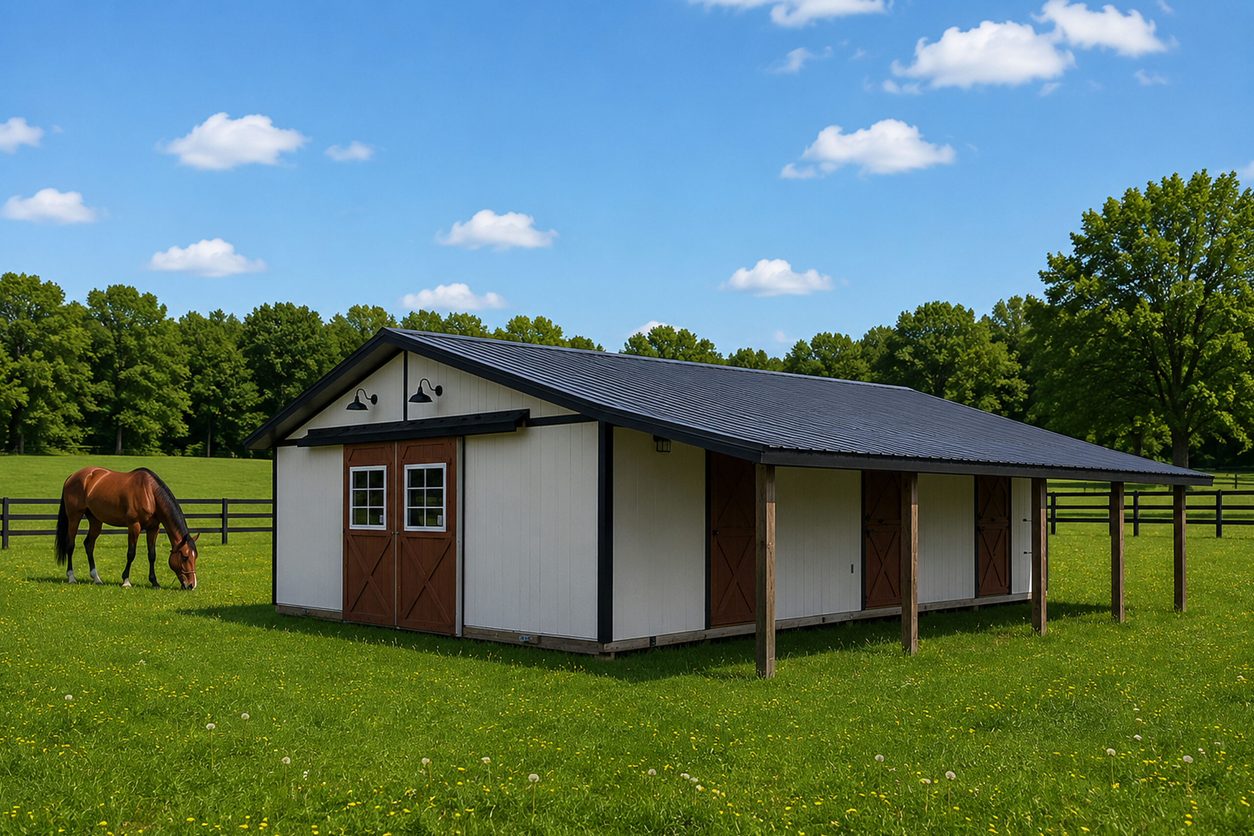 heritage horse barn with white siding and brown doors
