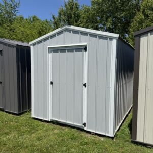gray bargain barn with white trim