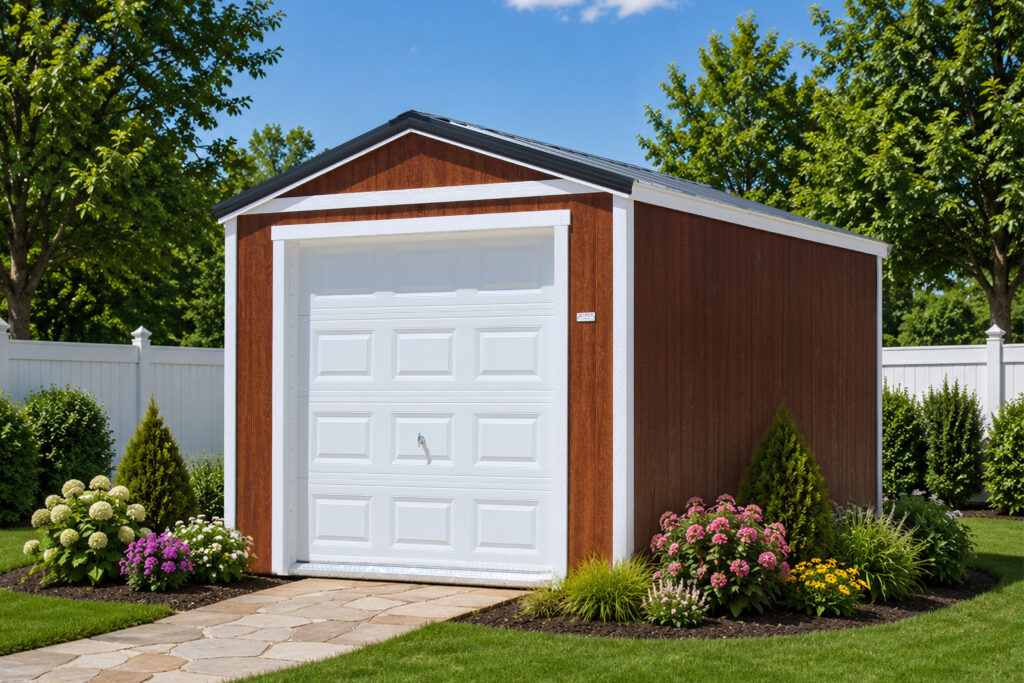 single car garage with red siding and white door