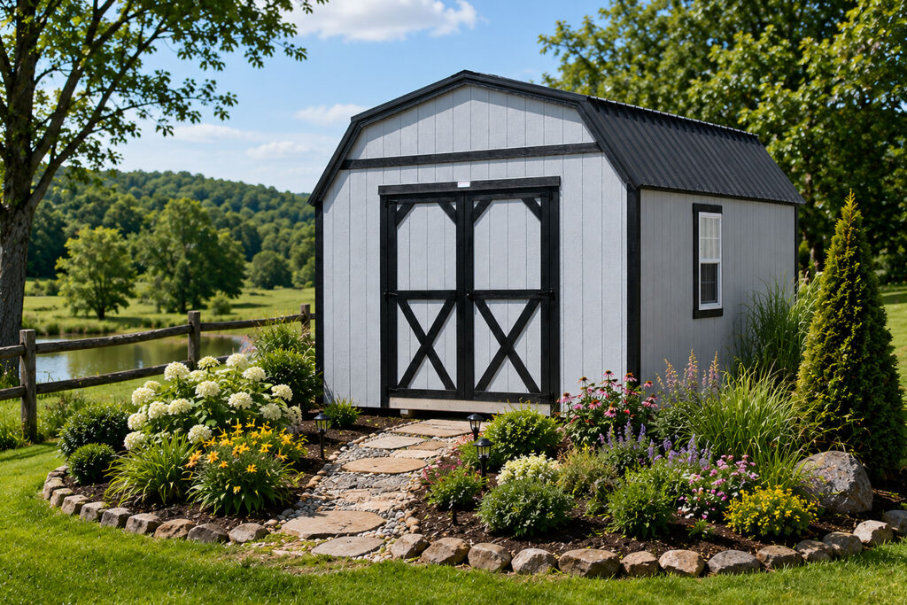 lofted gambrel shed with white siding and black trim