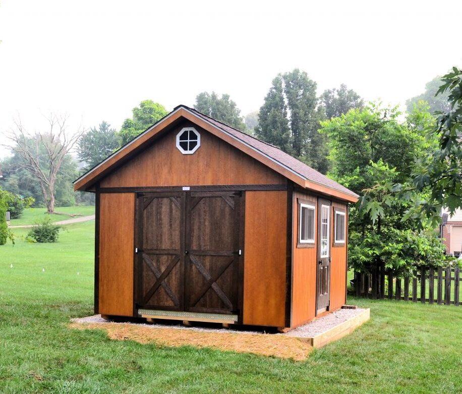 garden shed with urethane siding and gravel pad foundation